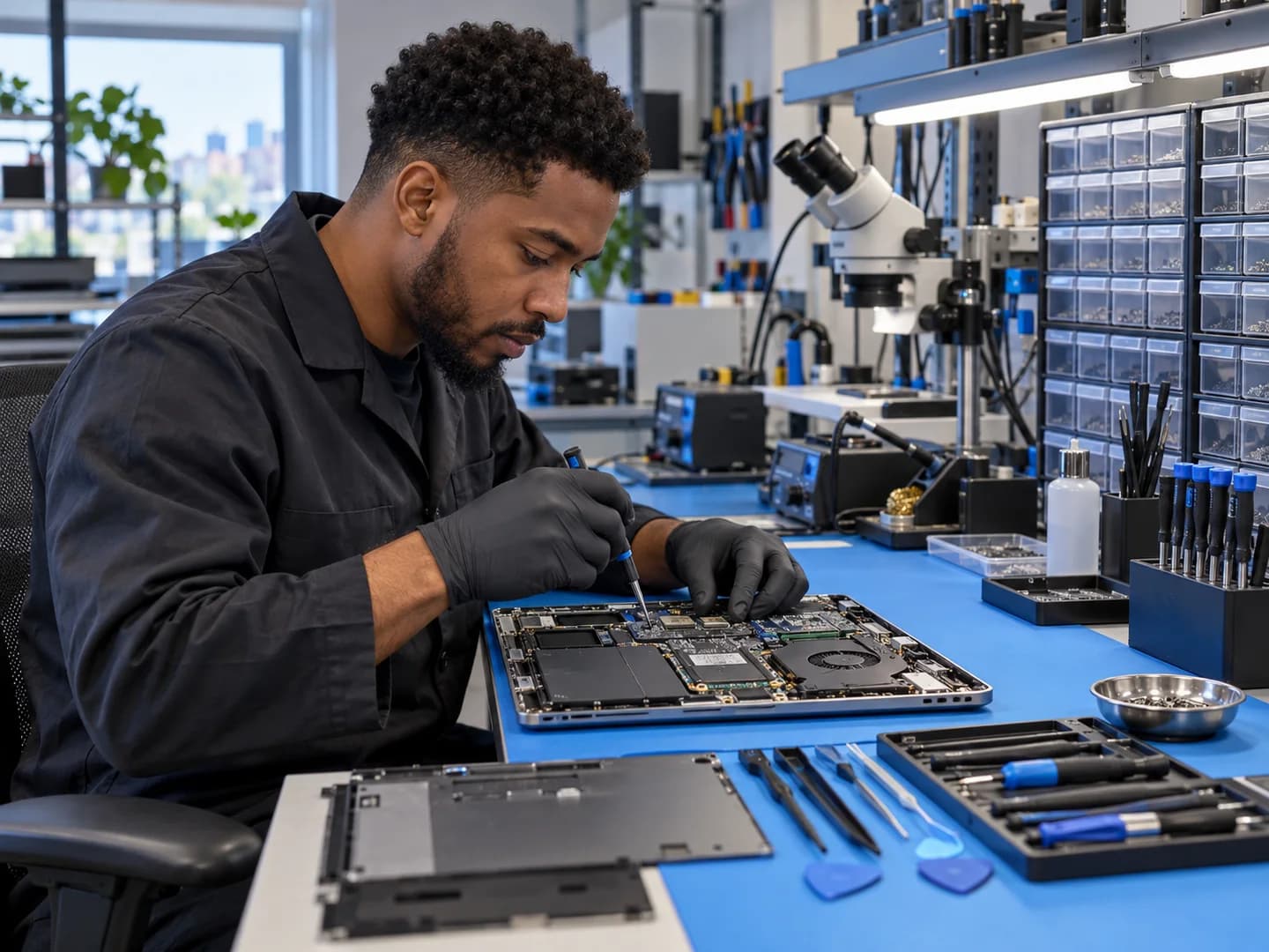 A technician at SSN Repairs working carefully on an electronic device