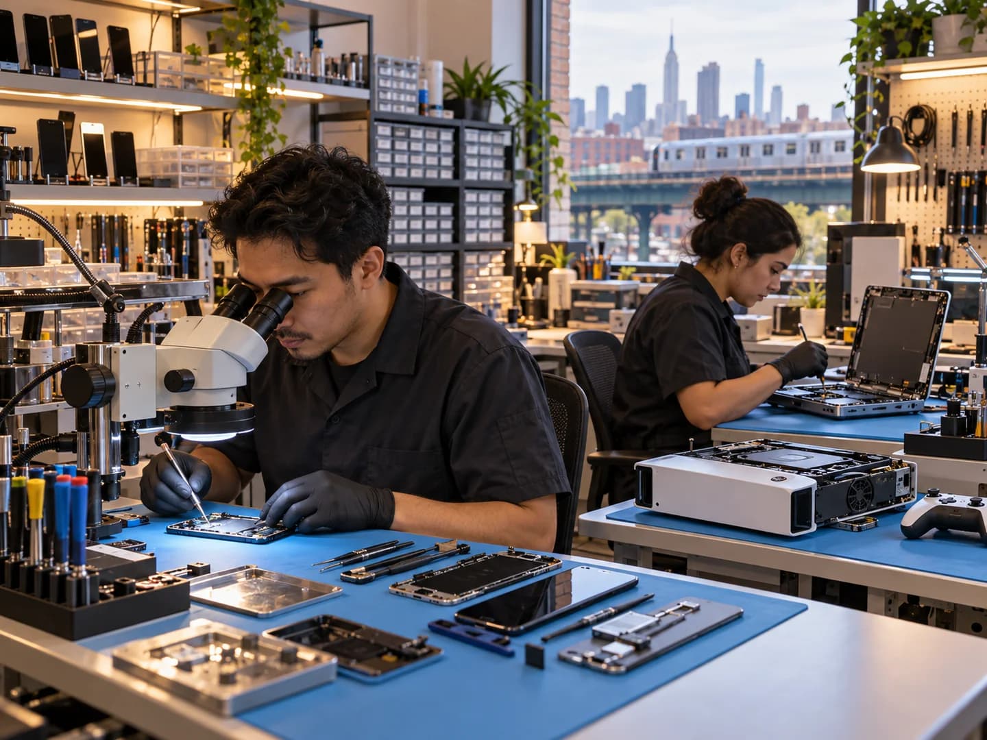 Electronics repair workstations at SSN Repairs in Jamaica, Queens