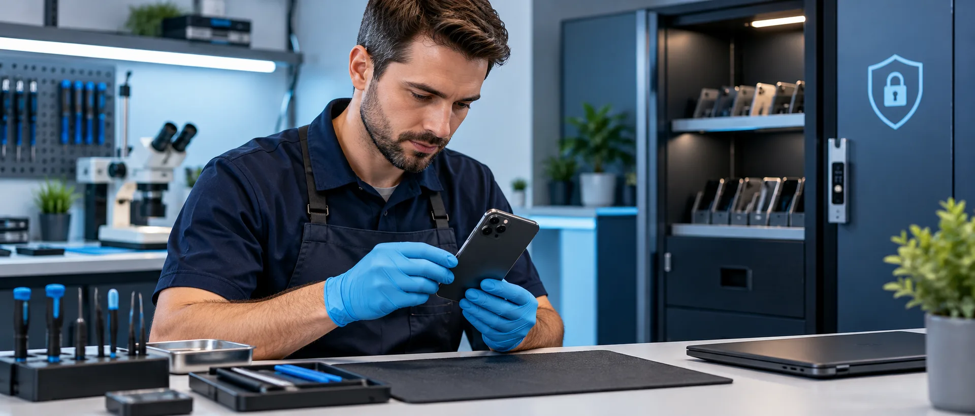 Technician handling a customer device with privacy-conscious care