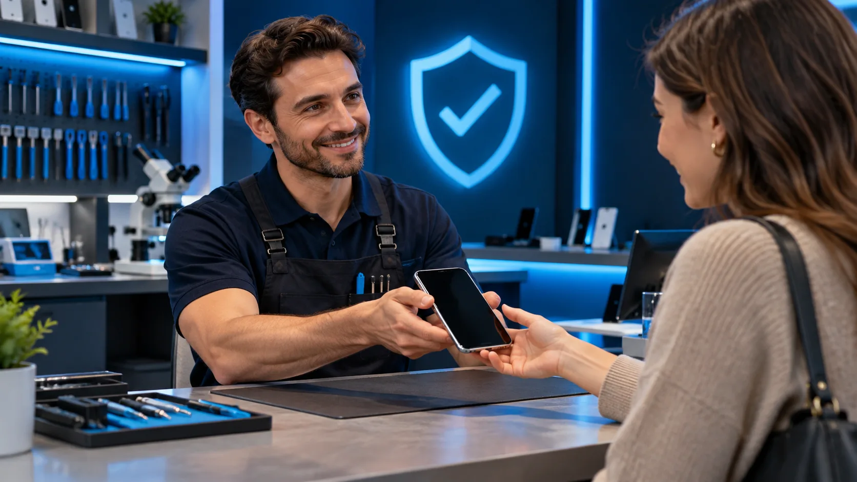 Repair technician returning a guaranteed smartphone repair to a customer