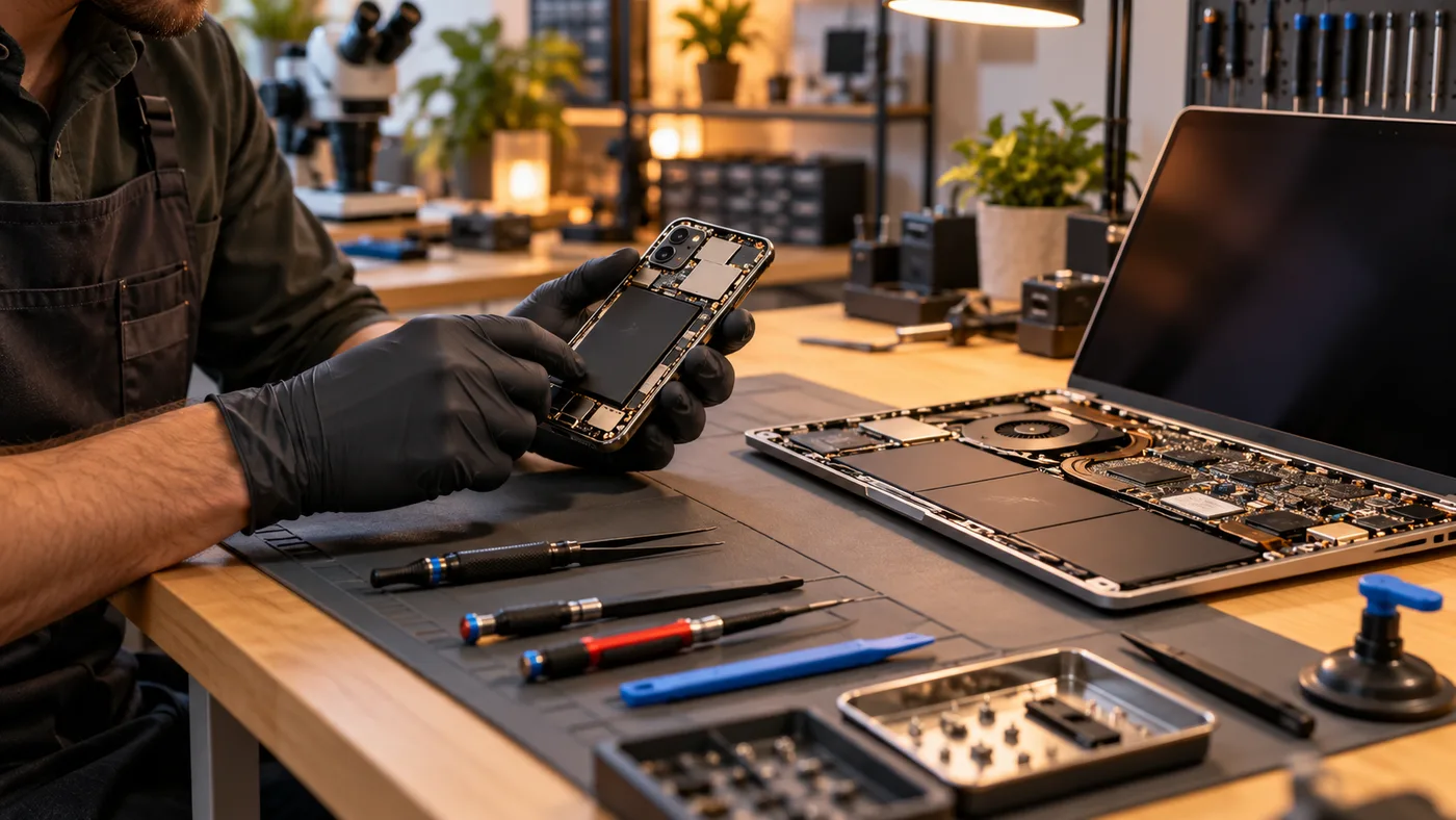 Technician comparing a device repair with replacement options
