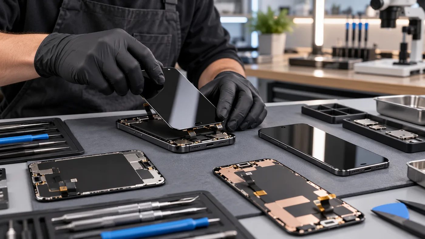 Smartphone display being replaced with precision repair tools