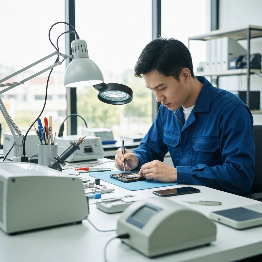 Professional technician repairing gaming console under magnifying lamp